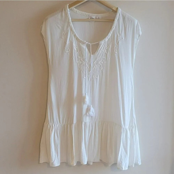 White, Cap Sleeved Boho Babydoll Shirt - Picture 2 of 9